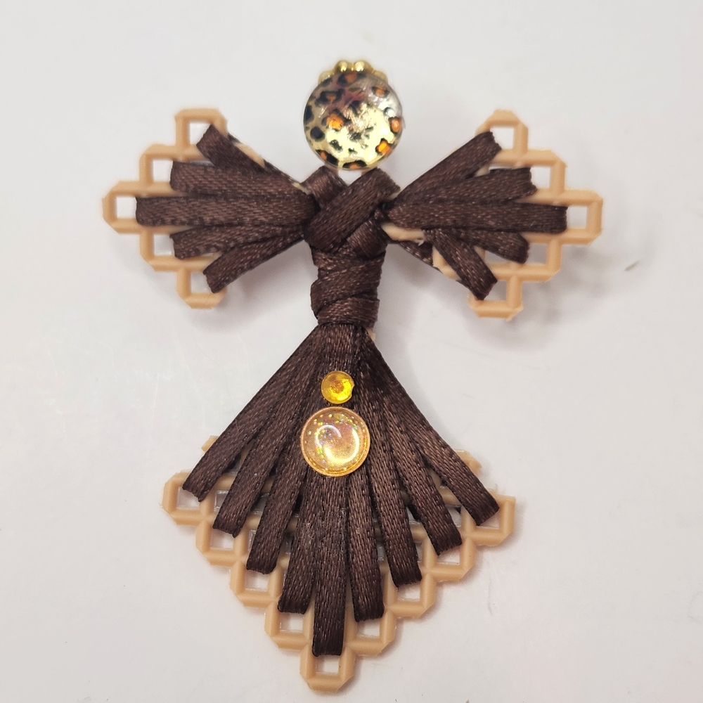 Handmade Fiber Art Angel Brooch Brown Ribbon Mixed Media Pin